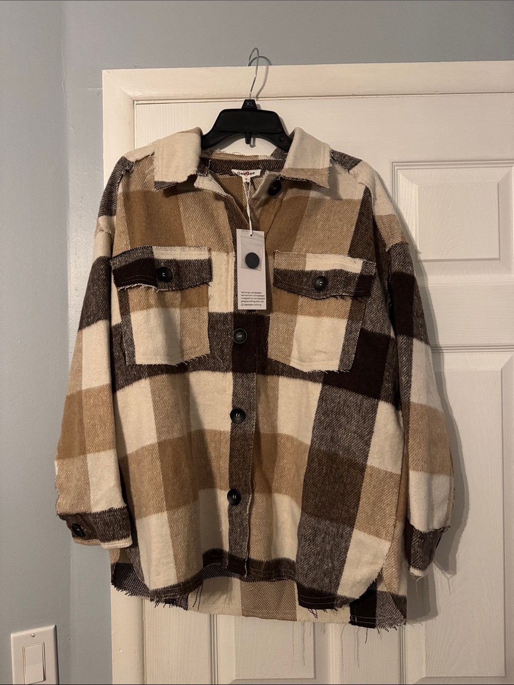 Plaid Utility Shacket in Cream, Tan & Brown - Women Jackets & Coats